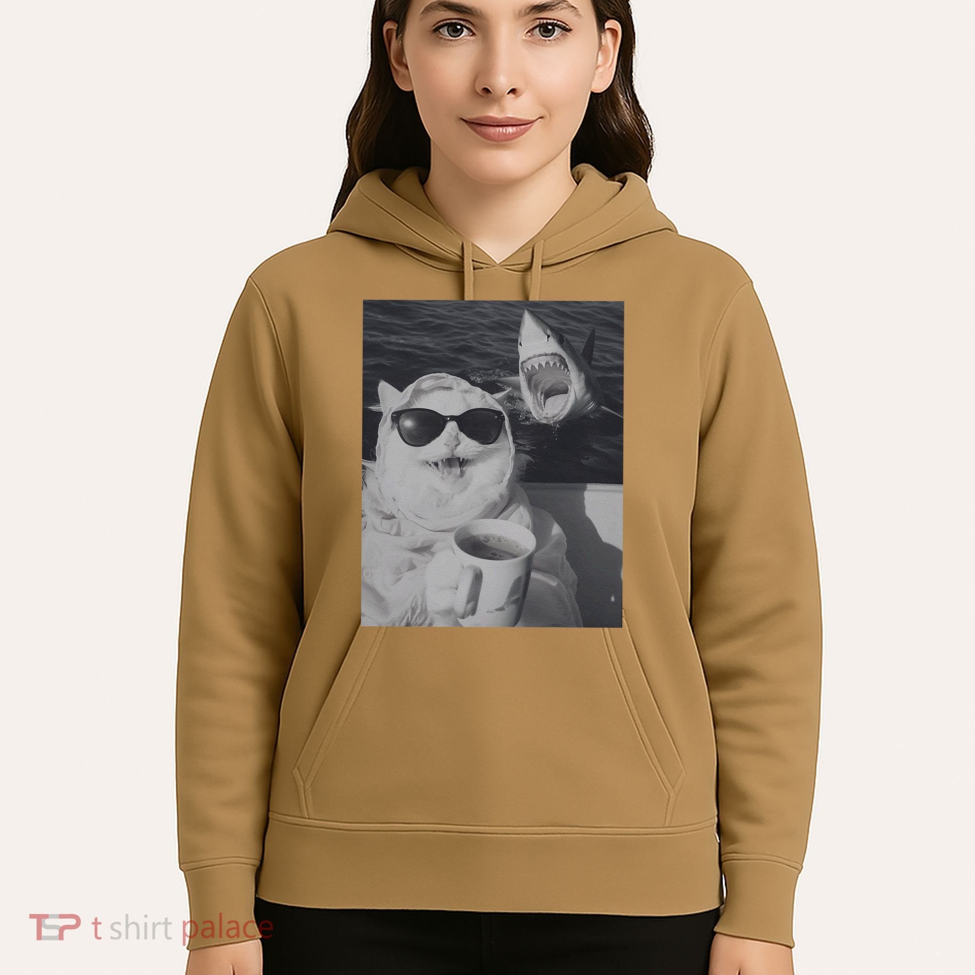 Cat Scarf Meme Drinking Coffee Selfie Chill White Shark Hoodie