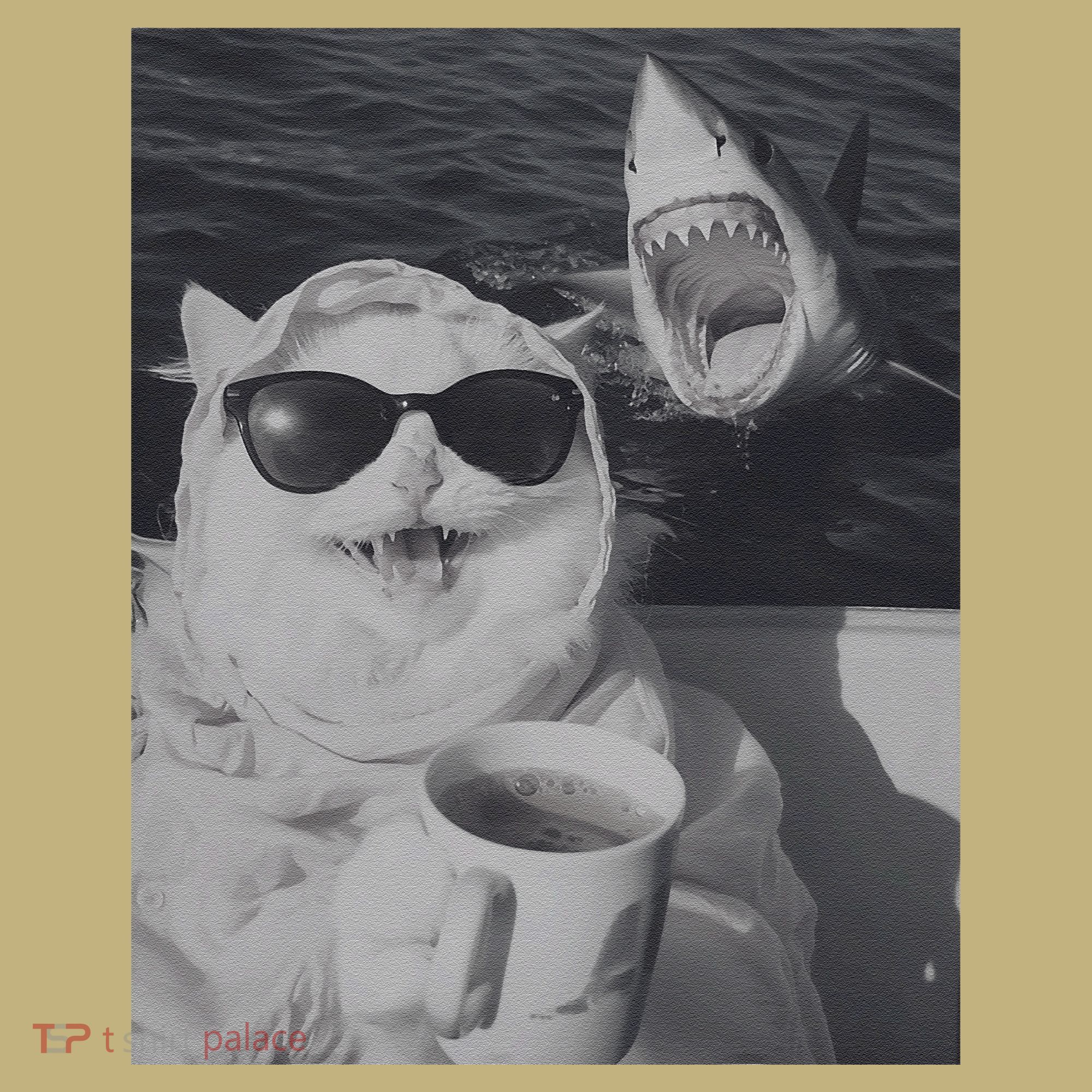 Cat Scarf Meme Drinking Coffee Selfie Chill White Shark Hoodie