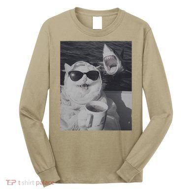 Cat Scarf Meme Drinking Coffee Selfie Chill White Shark Long Sleeve Shirt