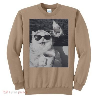 Cat Scarf Meme Drinking Coffee Selfie Chill White Shark Sweatshirt