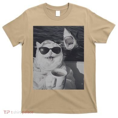 Cat Scarf Meme Drinking Coffee Selfie Chill White Shark T-Shirt