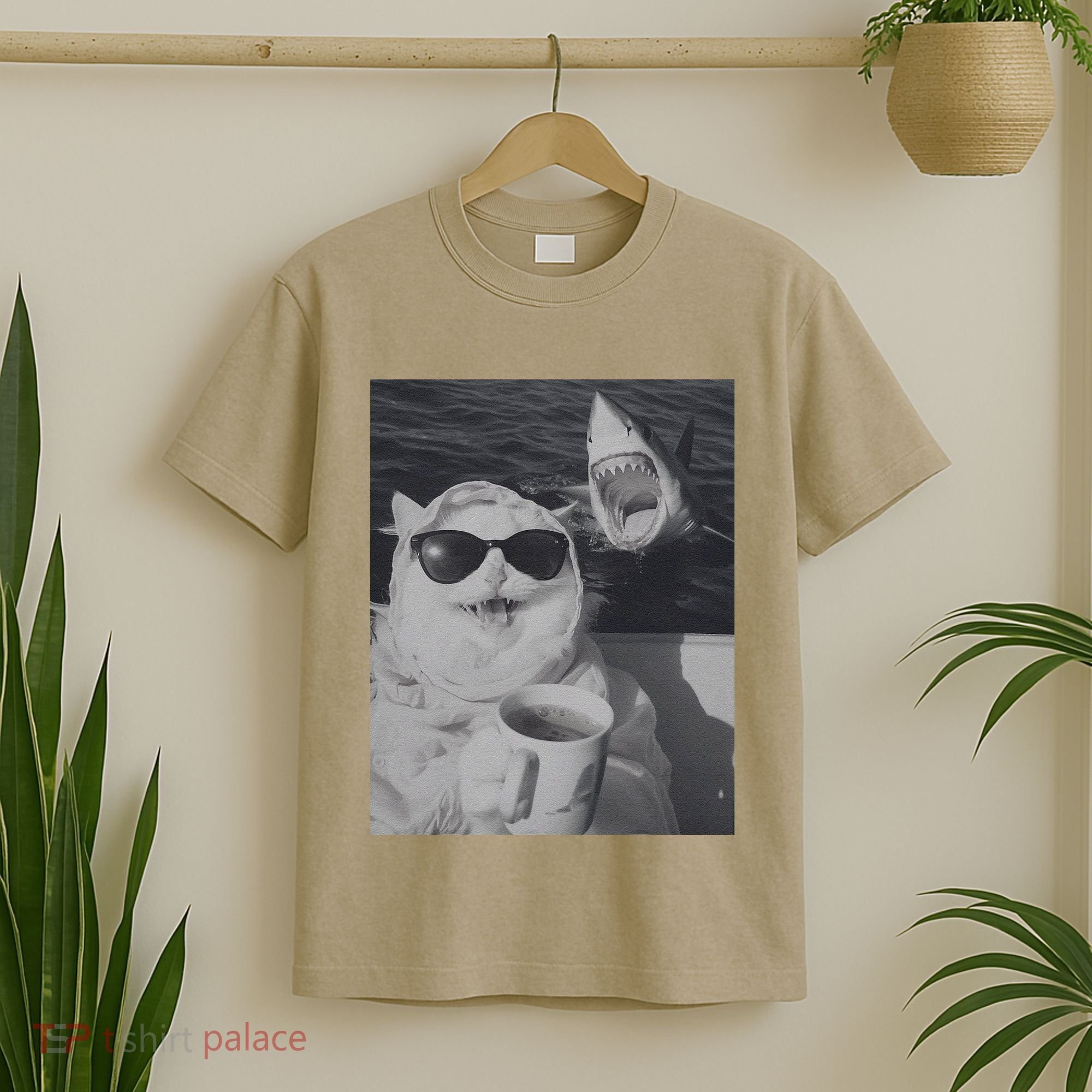 Cat Scarf Meme Drinking Coffee Selfie Chill White Shark T-Shirt
