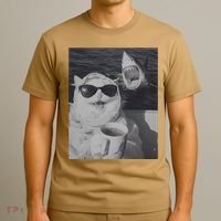 Cat Scarf Meme Drinking Coffee Selfie Chill White Shark T-Shirt thumb 3