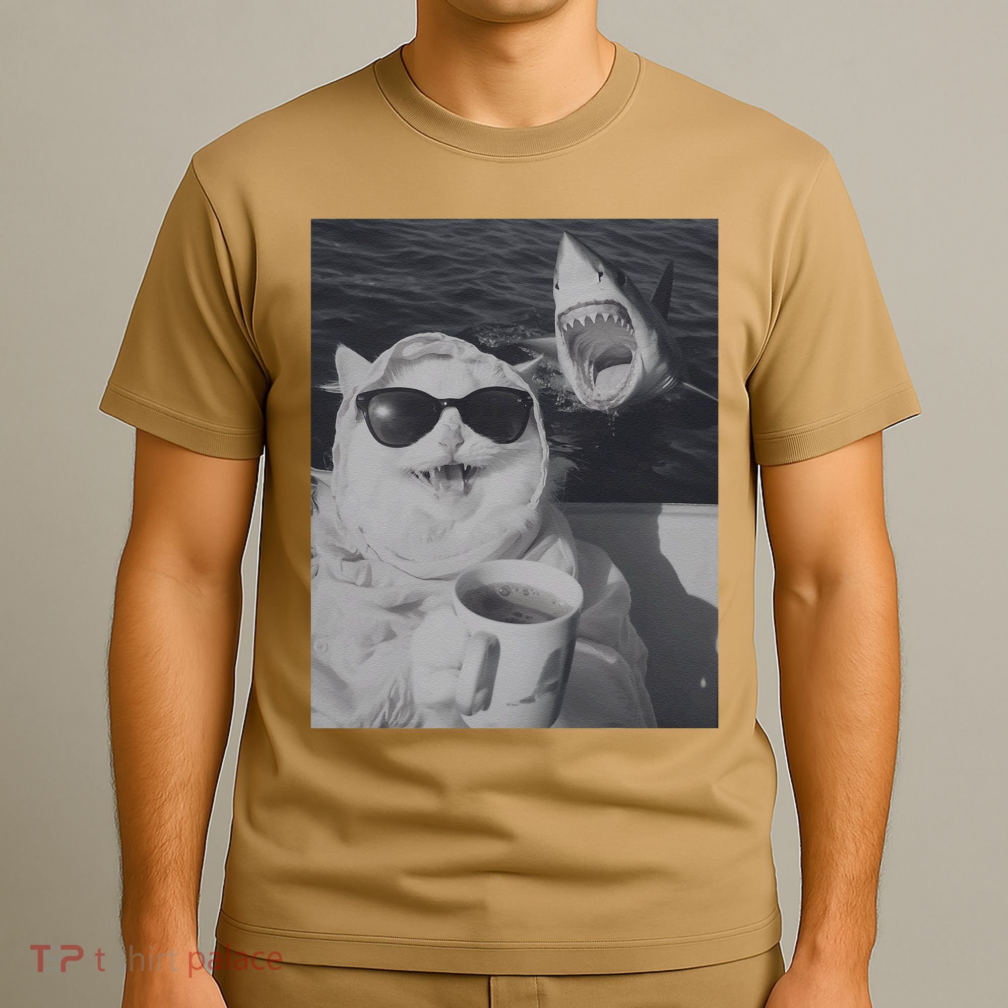 Cat Scarf Meme Drinking Coffee Selfie Chill White Shark T-Shirt