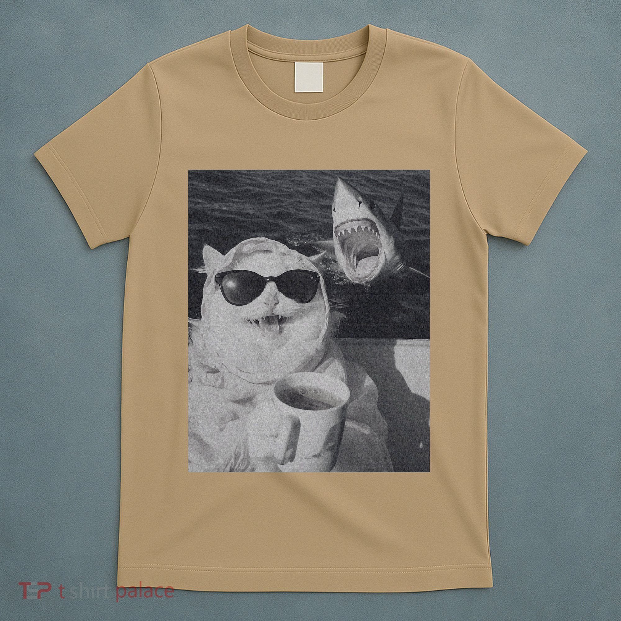 Cat Scarf Meme Drinking Coffee Selfie Chill White Shark T-Shirt