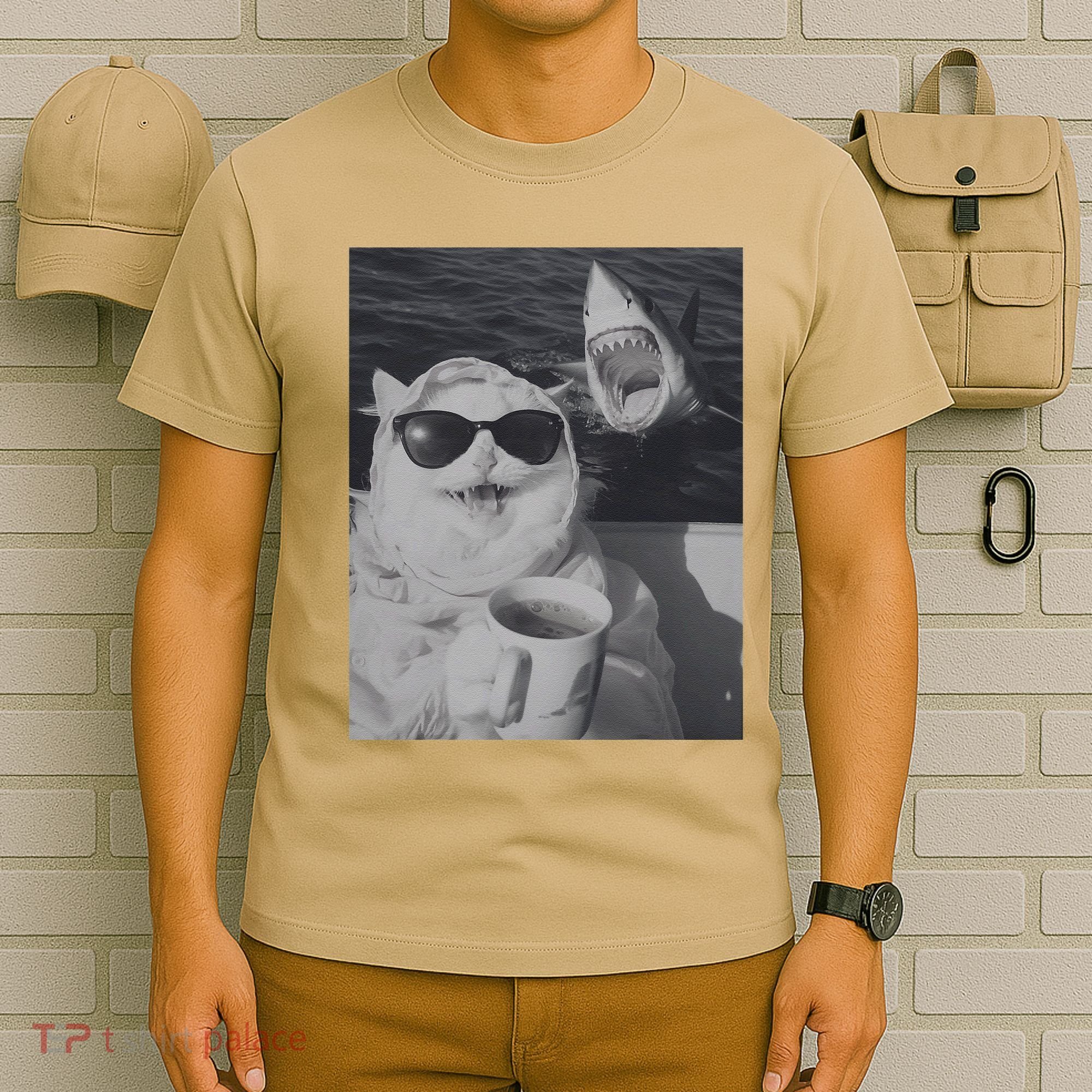 Cat Scarf Meme Drinking Coffee Selfie Chill White Shark T-Shirt
