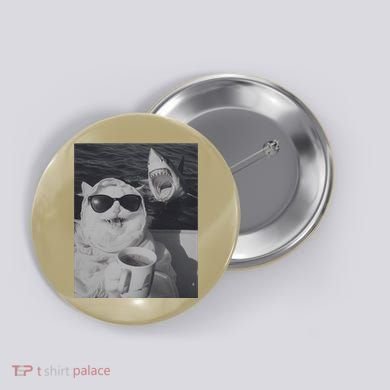 Cat Scarf Meme Drinking Coffee Selfie Chill White Shark Button