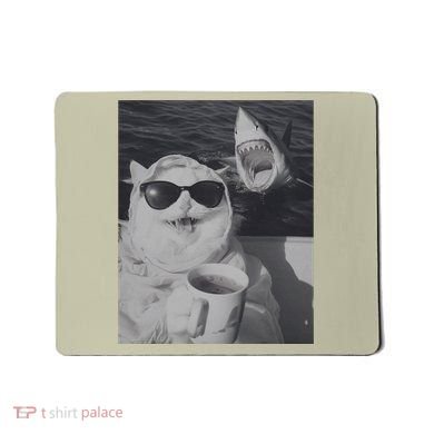 Cat Scarf Meme Drinking Coffee Selfie Chill White Shark Mousepad
