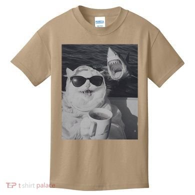 Cat Scarf Meme Drinking Coffee Selfie Chill White Shark Kids T-Shirt