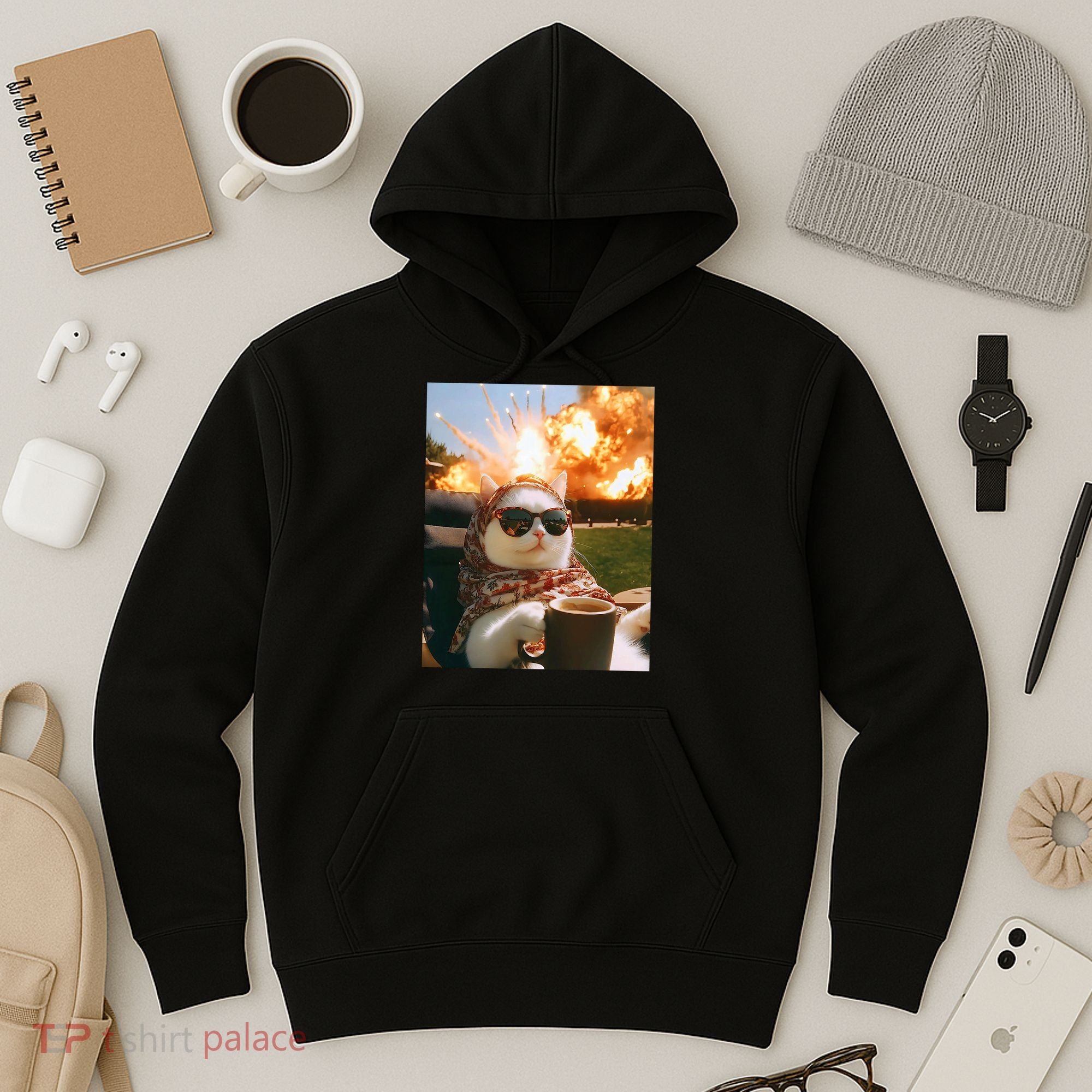 Cat Scarf Meme Drinking Coffee Selfie Chill Explosive Comet  Hoodie