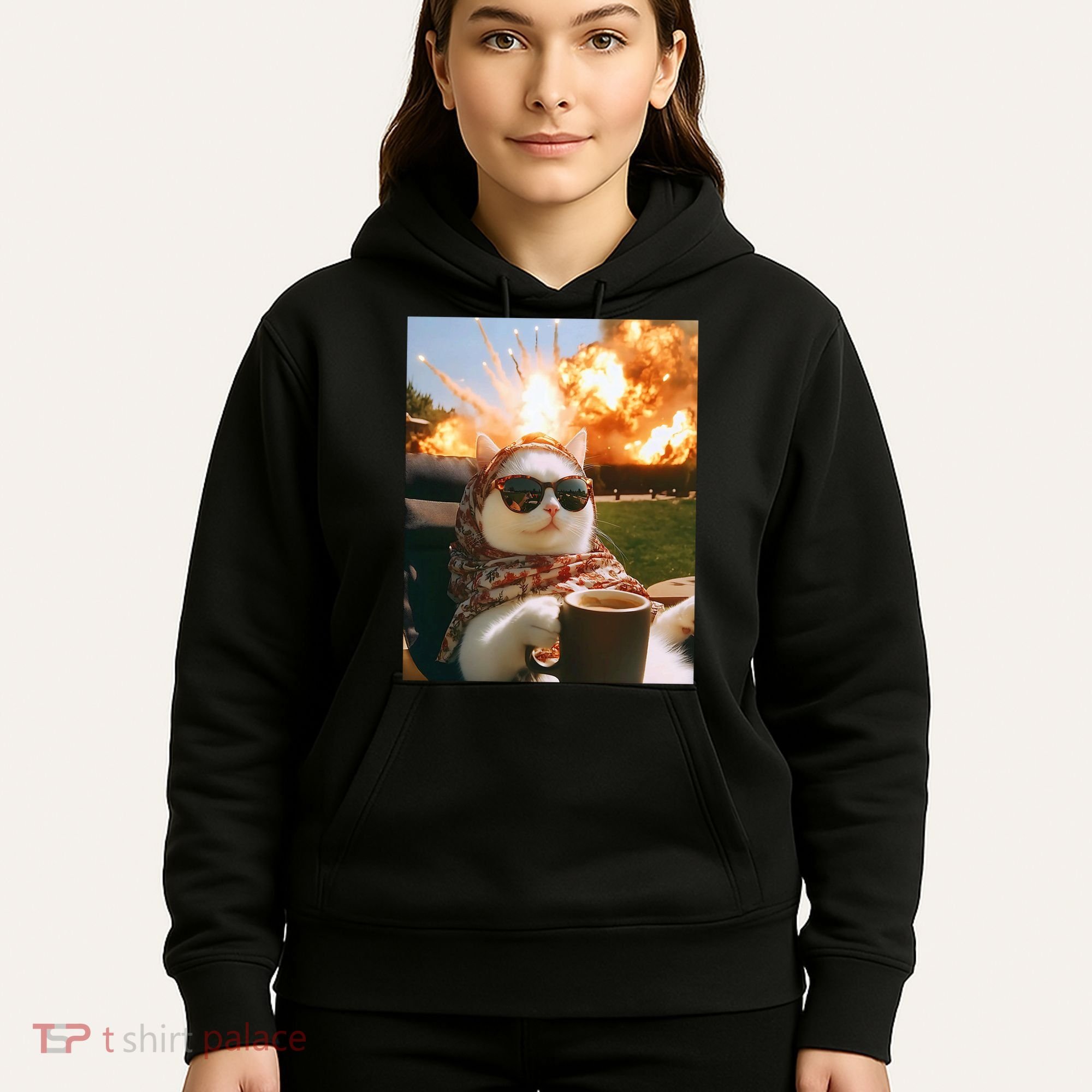 Cat Scarf Meme Drinking Coffee Selfie Chill Explosive Comet  Hoodie