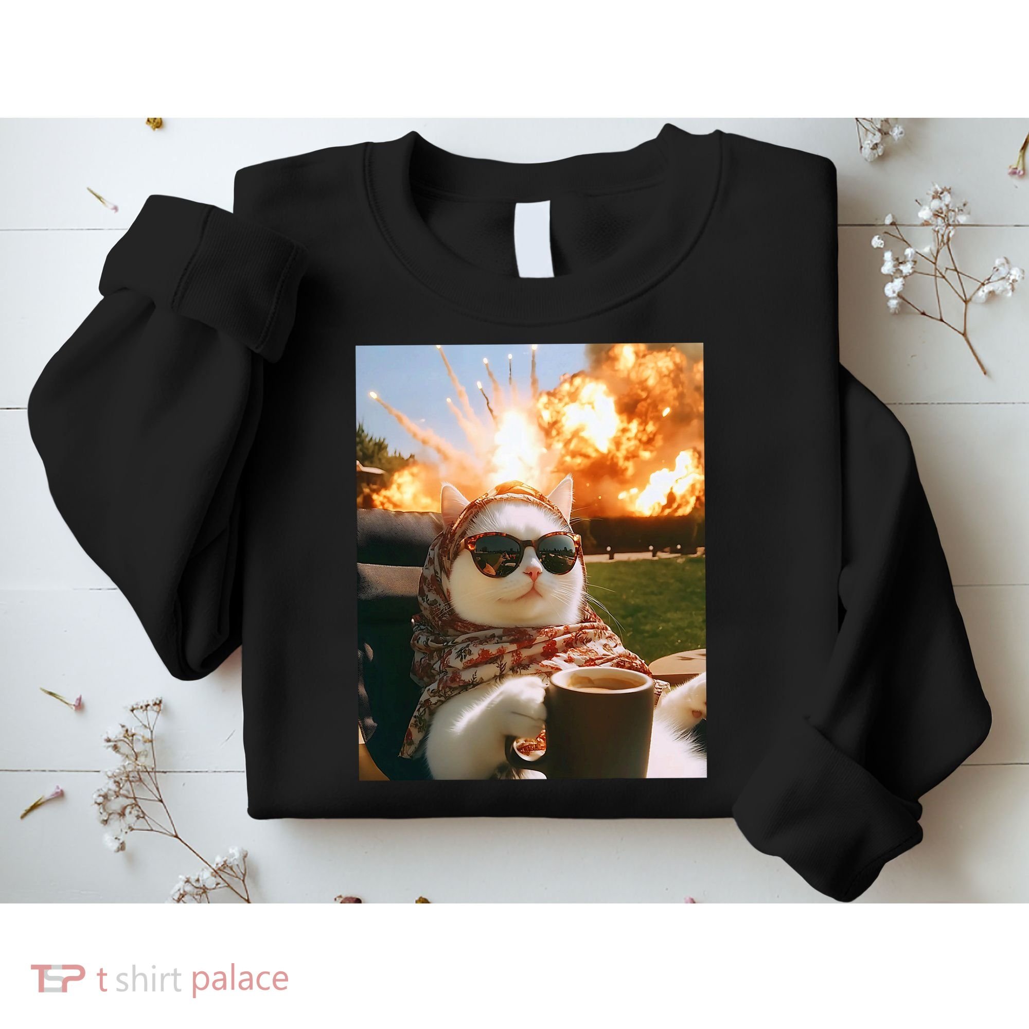 Cat Scarf Meme Drinking Coffee Selfie Chill Explosive Comet  Sweatshirt