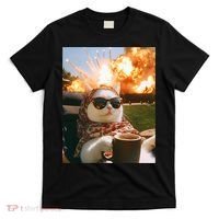 Cat Scarf Meme Drinking Coffee Selfie Chill Explosive Comet  T-Shirt thumb 0