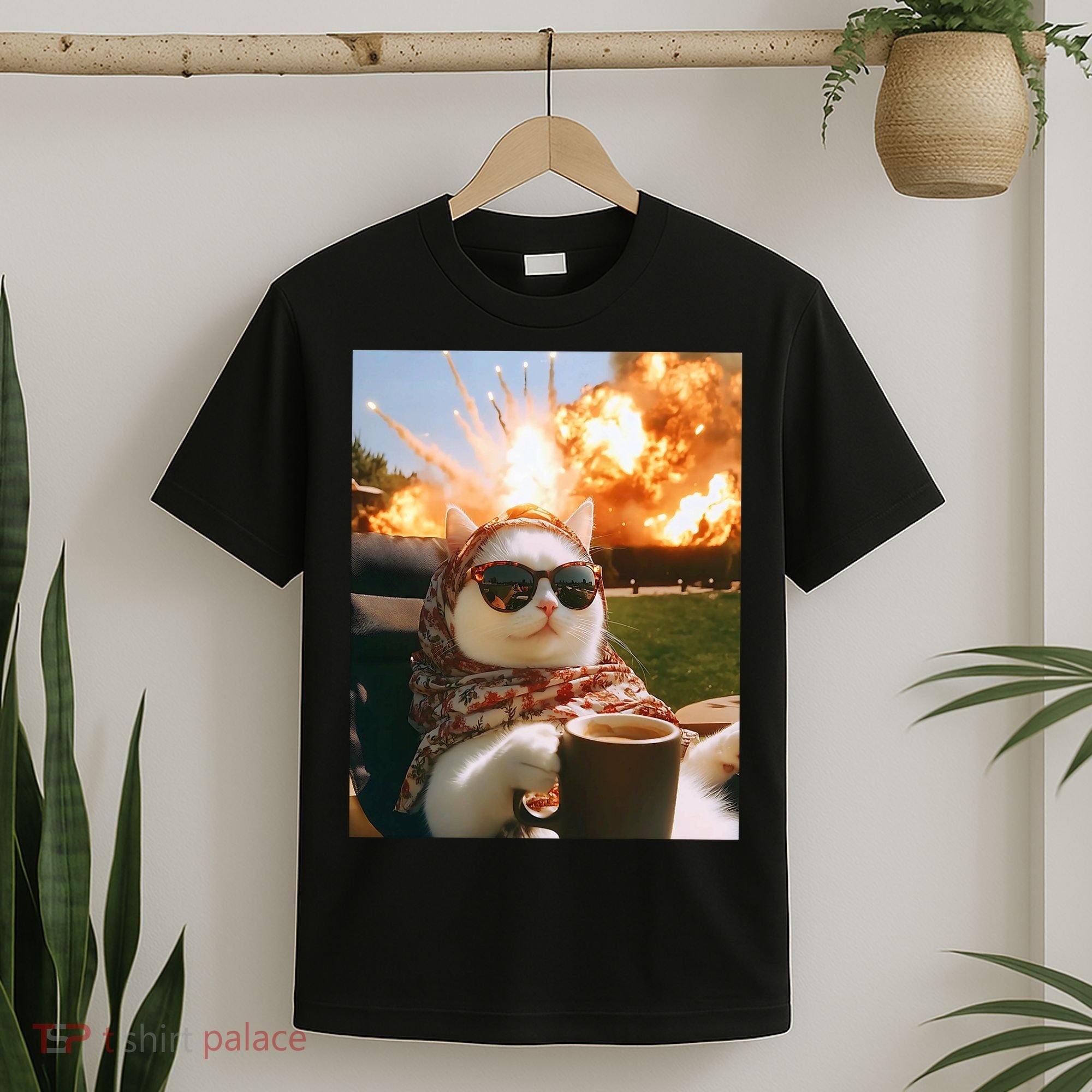 Cat Scarf Meme Drinking Coffee Selfie Chill Explosive Comet  T-Shirt