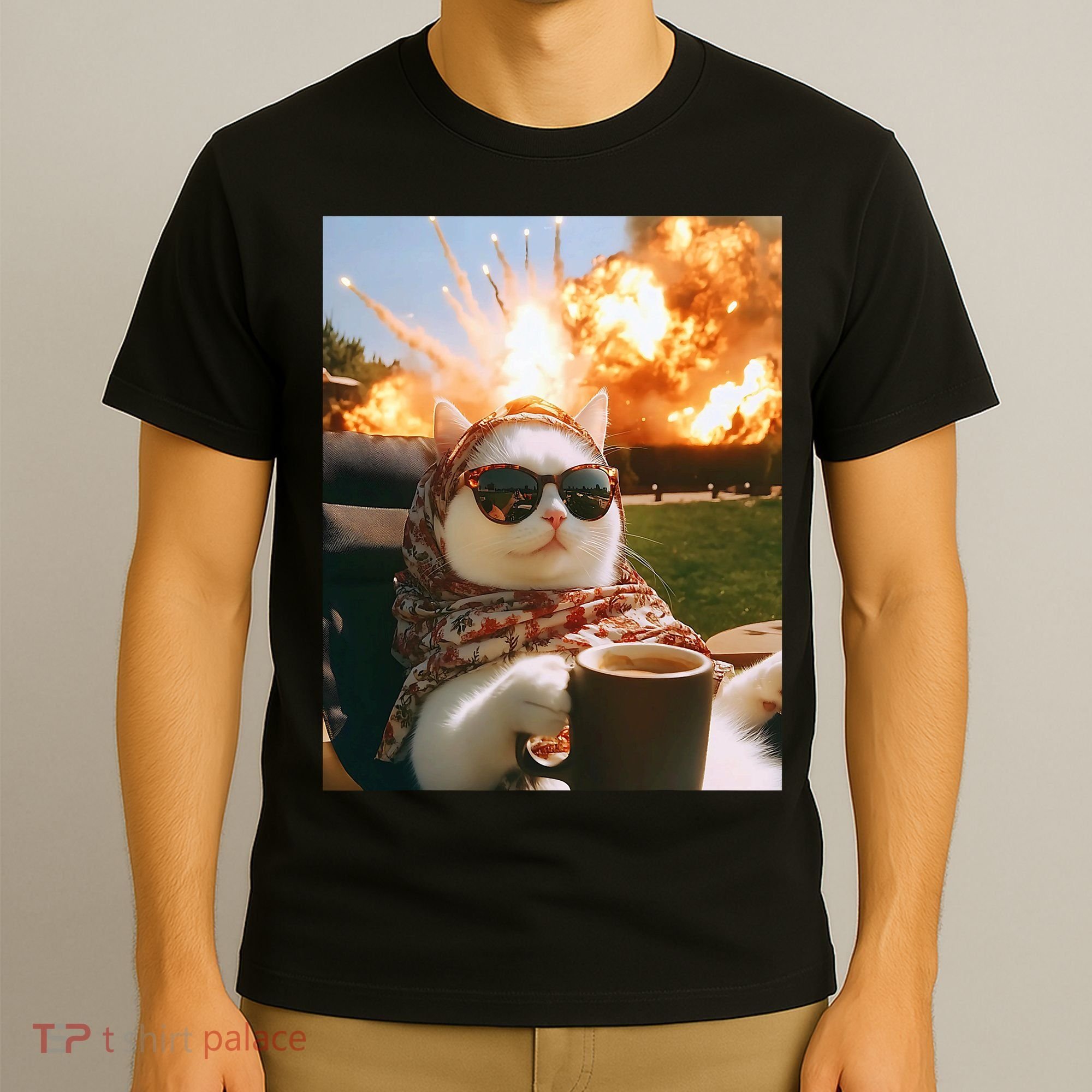 Cat Scarf Meme Drinking Coffee Selfie Chill Explosive Comet  T-Shirt