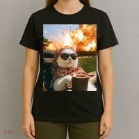 Cat Scarf Meme Drinking Coffee Selfie Chill Explosive Comet  T-Shirt thumb 4