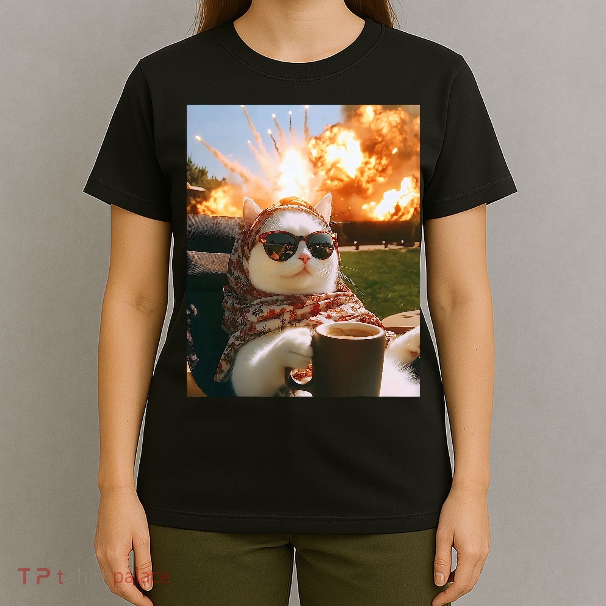 Cat Scarf Meme Drinking Coffee Selfie Chill Explosive Comet  T-Shirt