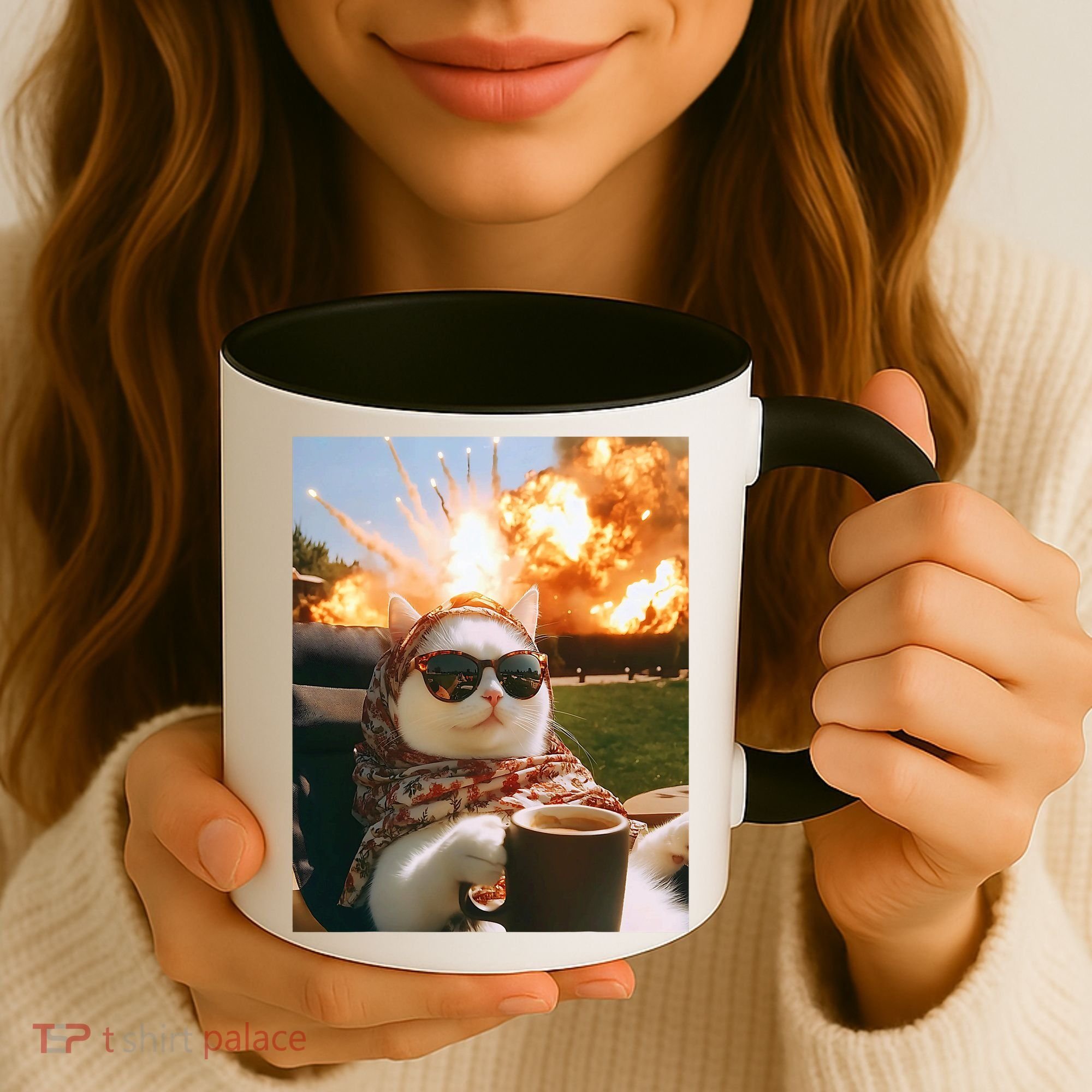 Cat Scarf Meme Drinking Coffee Selfie Chill Explosive Comet  Coffee Mug