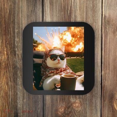 Cat Scarf Meme Drinking Coffee Selfie Chill Explosive Comet  Coaster