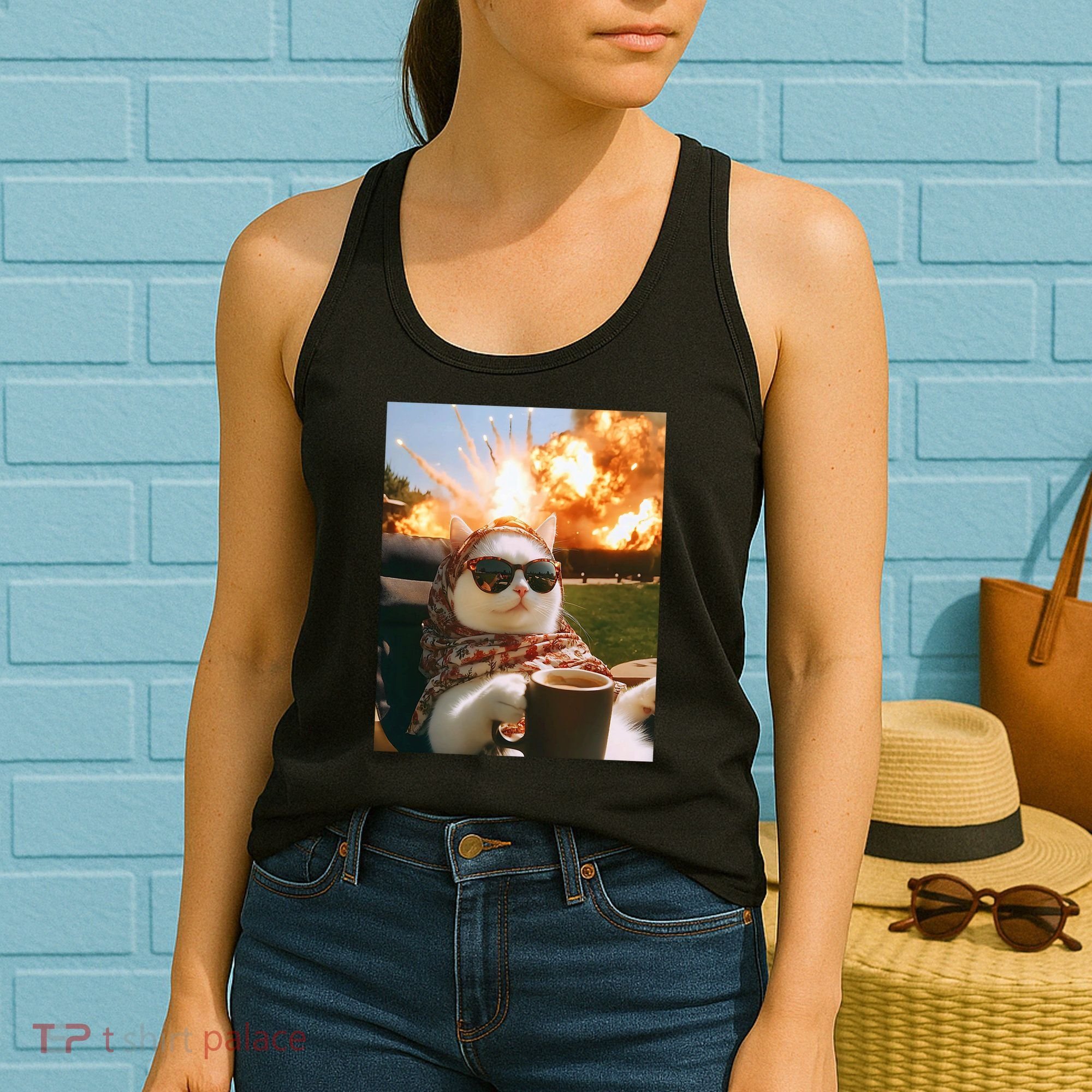 Cat Scarf Meme Drinking Coffee Selfie Chill Explosive Comet  Women's Tank Top