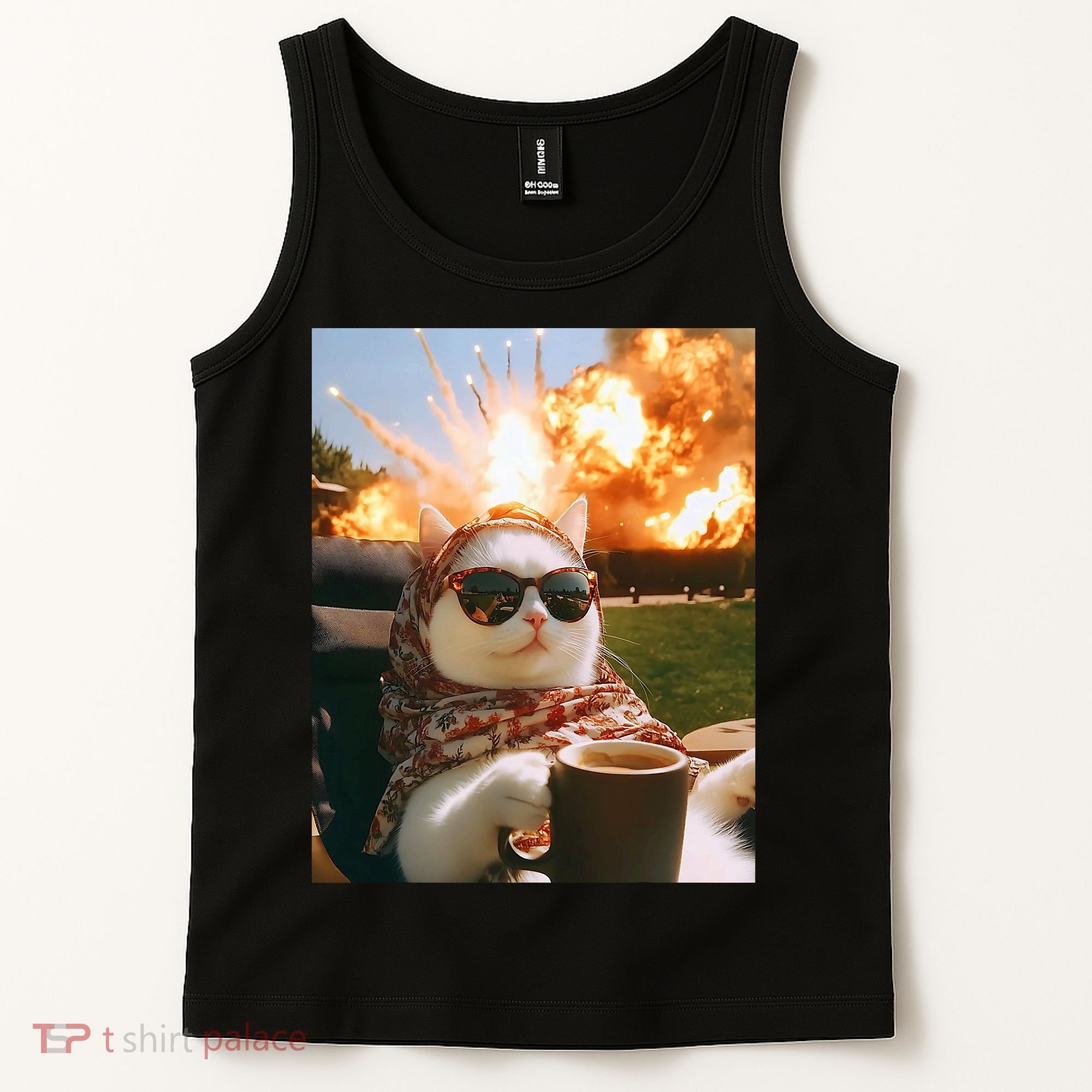 Cat Scarf Meme Drinking Coffee Selfie Chill Explosive Comet  Tank Top