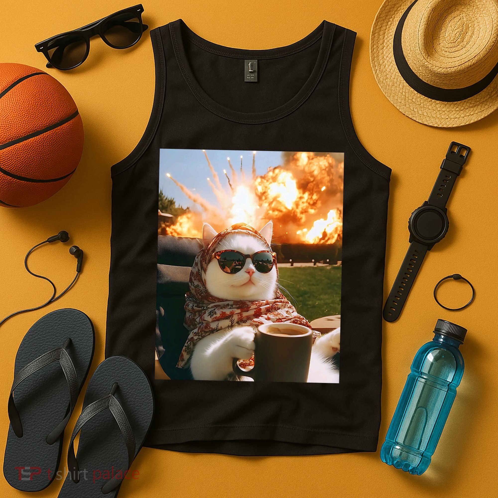 Cat Scarf Meme Drinking Coffee Selfie Chill Explosive Comet  Tank Top