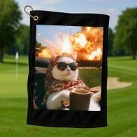 Cat Scarf Meme Drinking Coffee Selfie Chill Explosive Comet  Golf Towel thumb 1