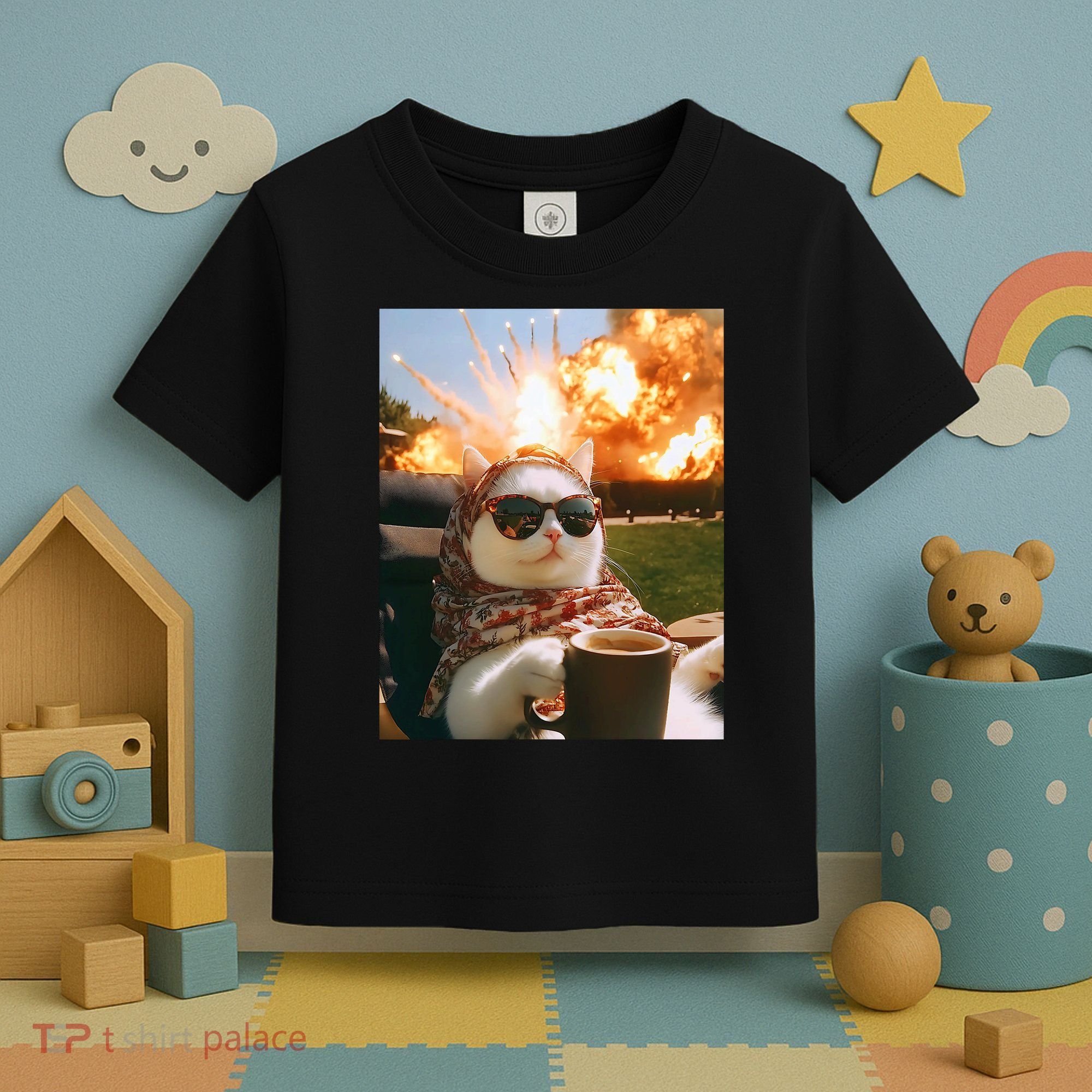 Cat Scarf Meme Drinking Coffee Selfie Chill Explosive Comet  Toddler T-Shirt