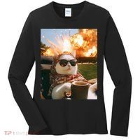 Cat Scarf Meme Drinking Coffee Selfie Chill Explosive Comet  Women's Long Sleeve Shirt thumb 0