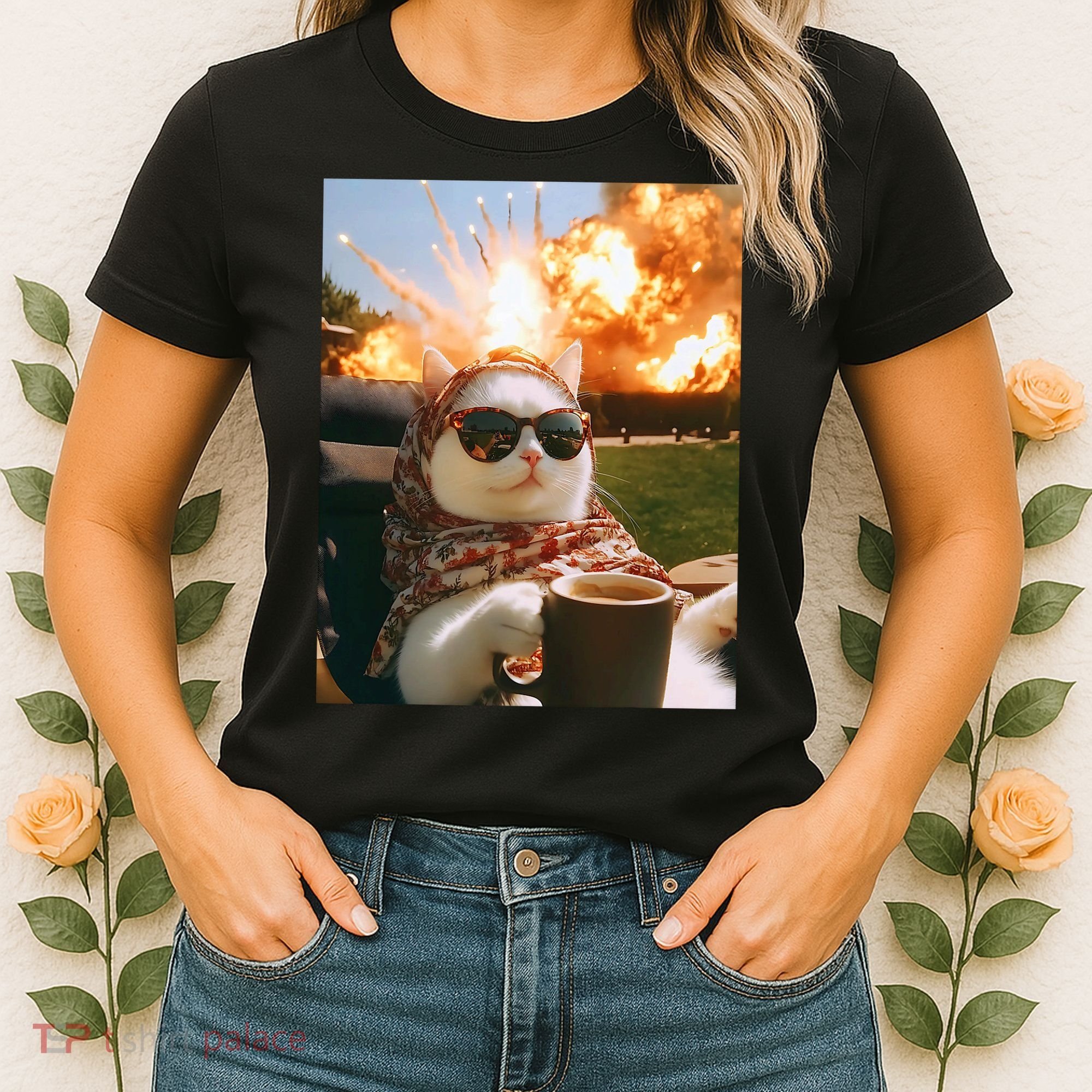 Cat Scarf Meme Drinking Coffee Selfie Chill Explosive Comet  Women's T-Shirt