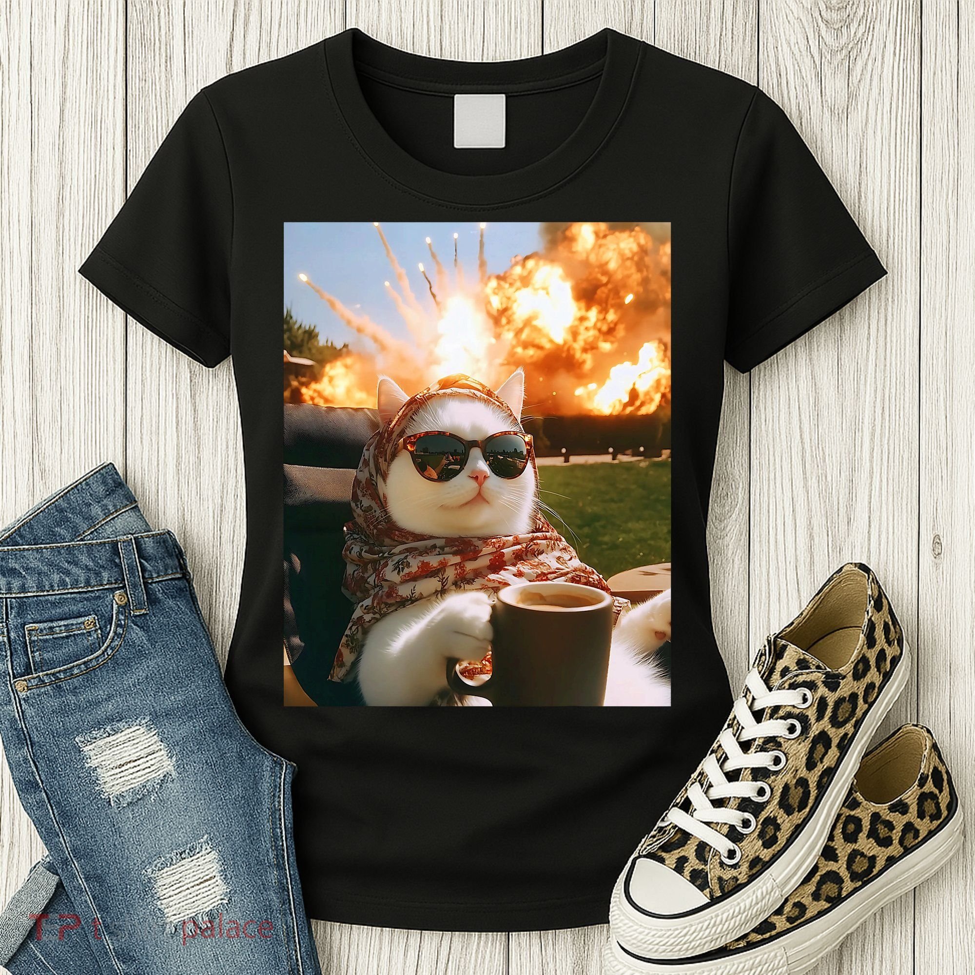 Cat Scarf Meme Drinking Coffee Selfie Chill Explosive Comet  Women's T-Shirt