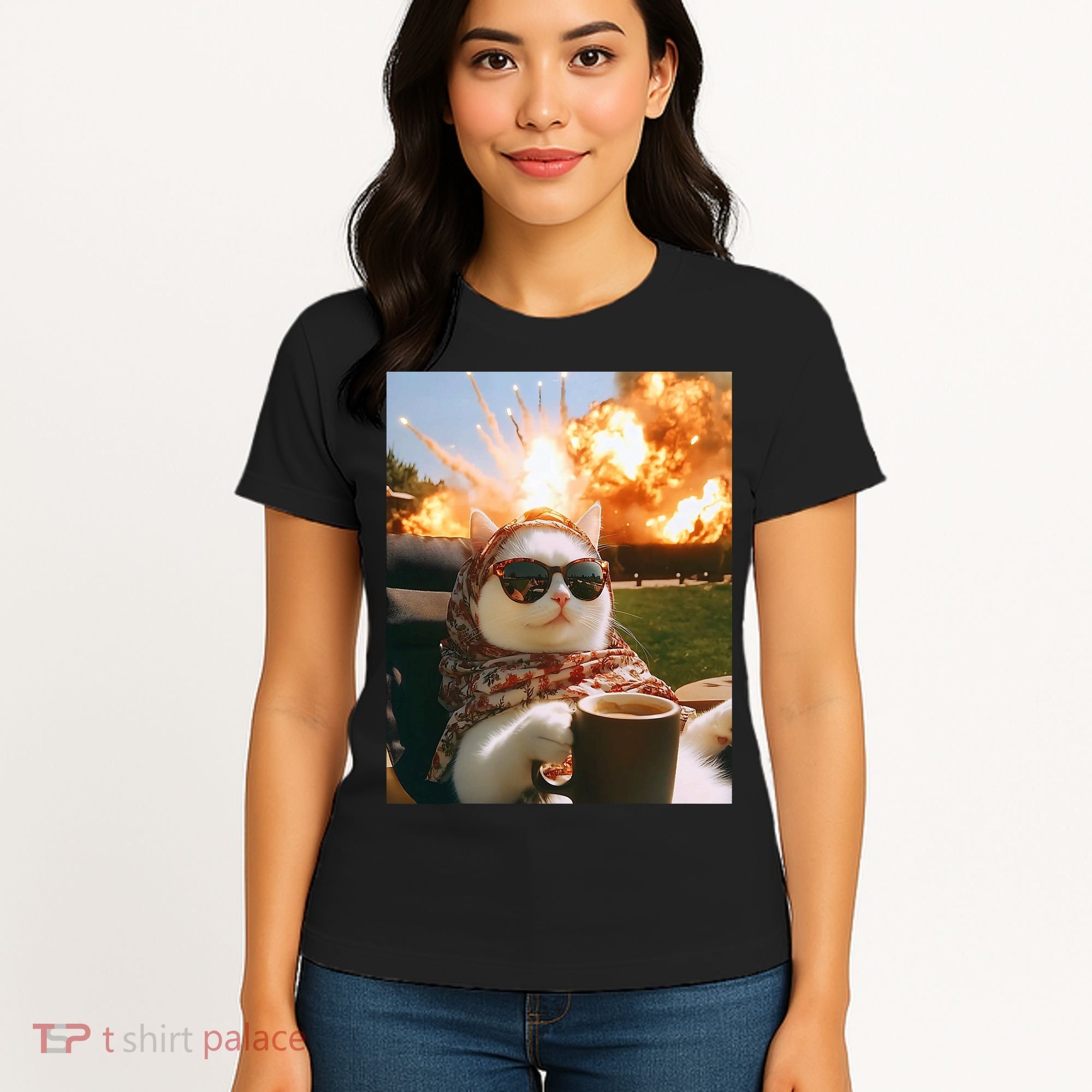 Cat Scarf Meme Drinking Coffee Selfie Chill Explosive Comet  Women's T-Shirt