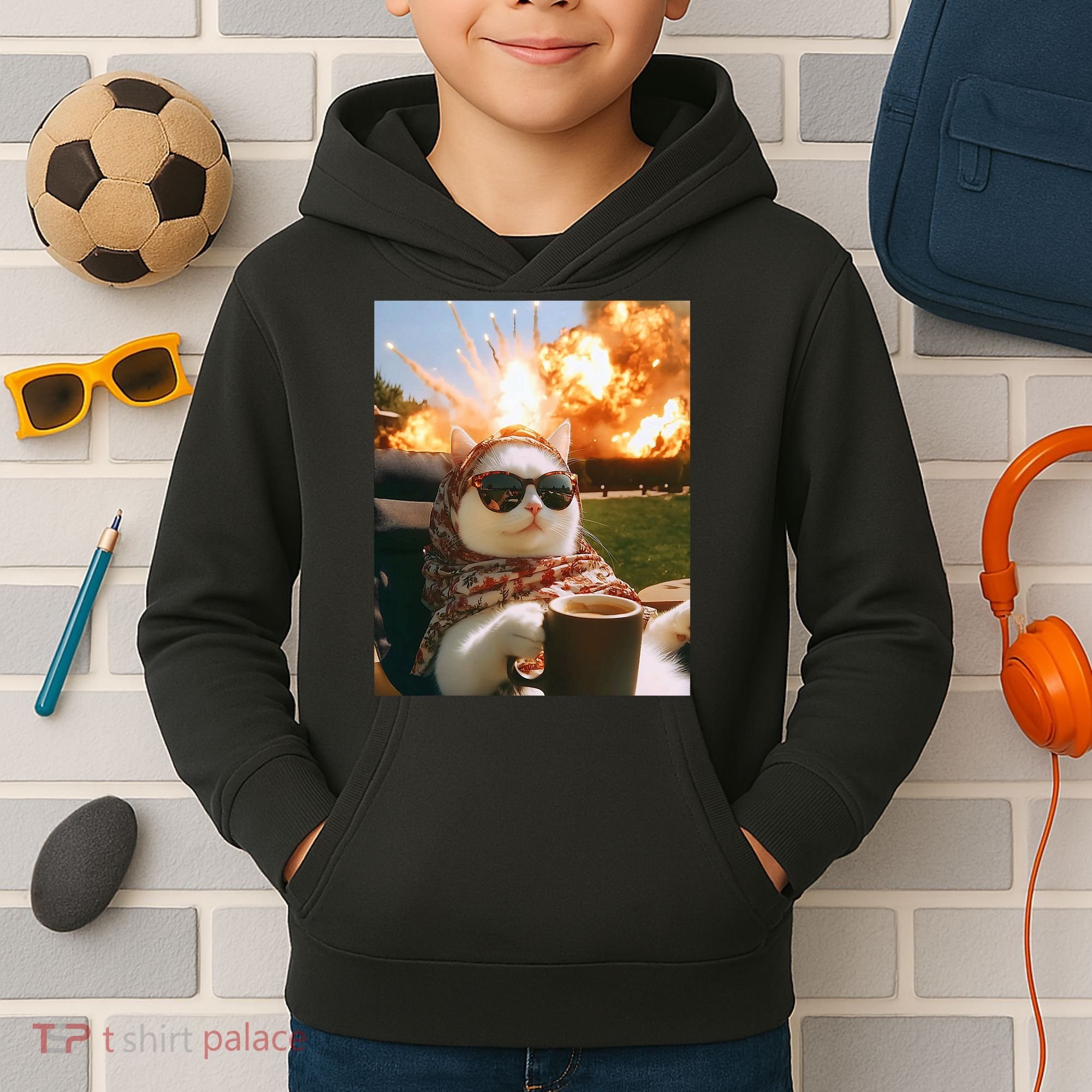 Cat Scarf Meme Drinking Coffee Selfie Chill Explosive Comet  Kids Hoodie