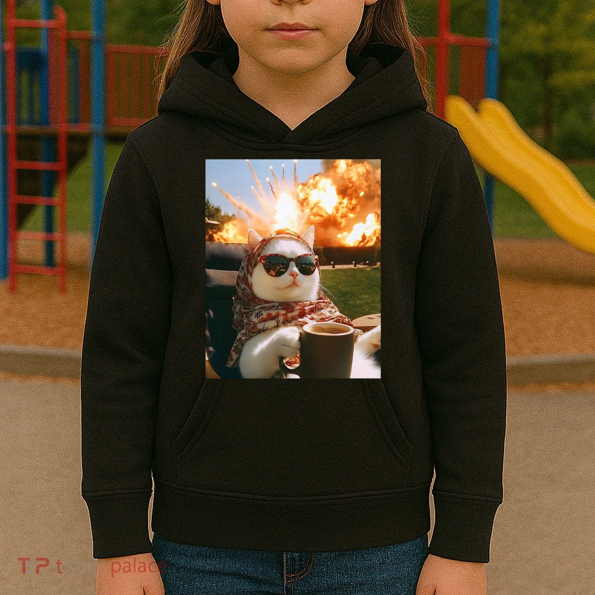 Cat Scarf Meme Drinking Coffee Selfie Chill Explosive Comet  Kids Hoodie