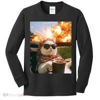 Cat Scarf Meme Drinking Coffee Selfie Chill Explosive Comet  Kids Long Sleeve Shirt thumb 0