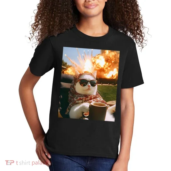 Cat Scarf Meme Drinking Coffee Selfie Chill Explosive Comet  Kids T-Shirt
