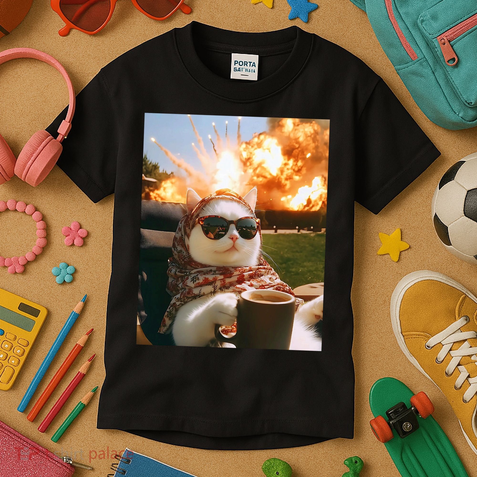 Cat Scarf Meme Drinking Coffee Selfie Chill Explosive Comet  Kids T-Shirt
