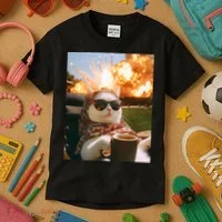 Cat Scarf Meme Drinking Coffee Selfie Chill Explosive Comet  Kids T-Shirt thumb 3