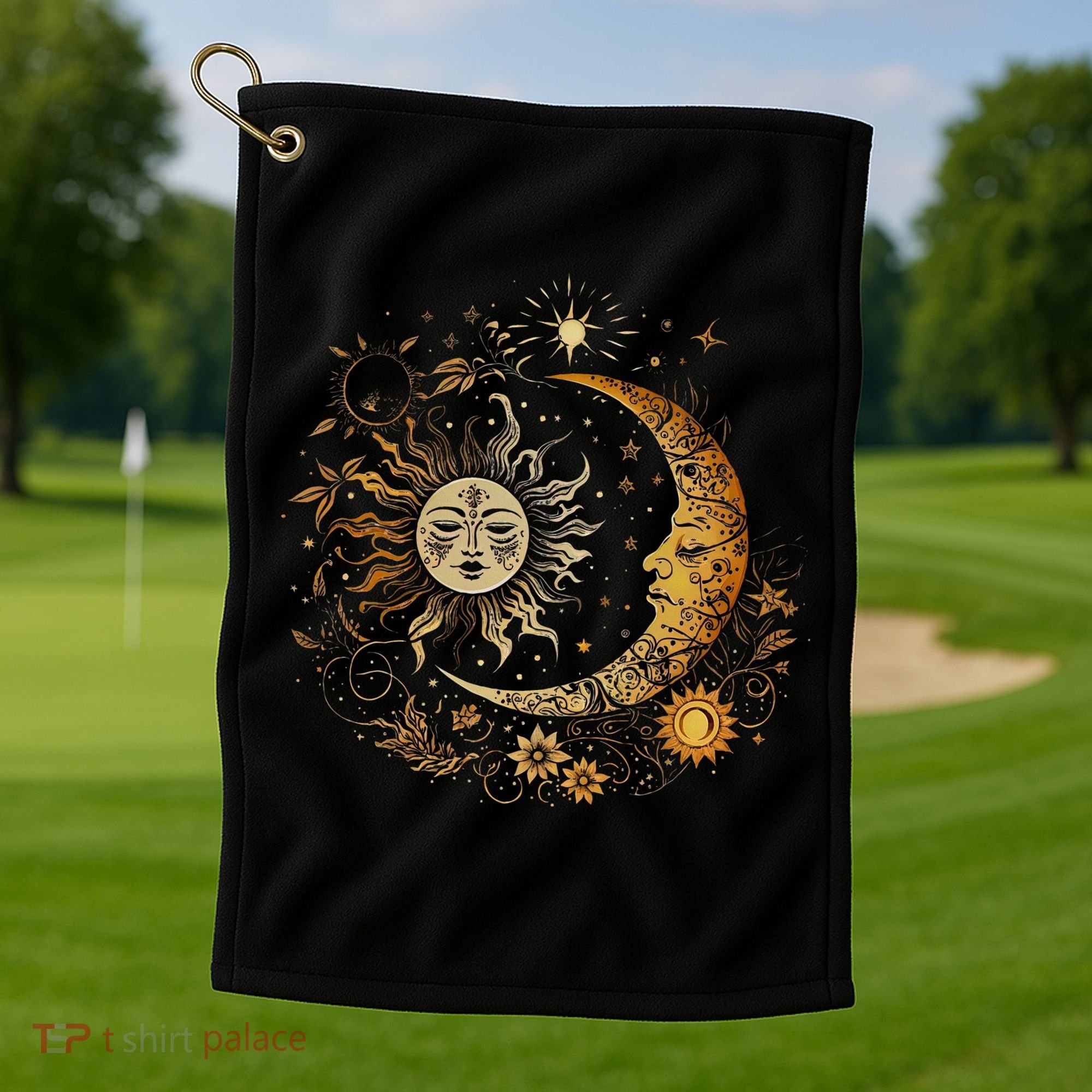 Celestial Sun Moon Flower Astrology Moon Phases Golf Towel