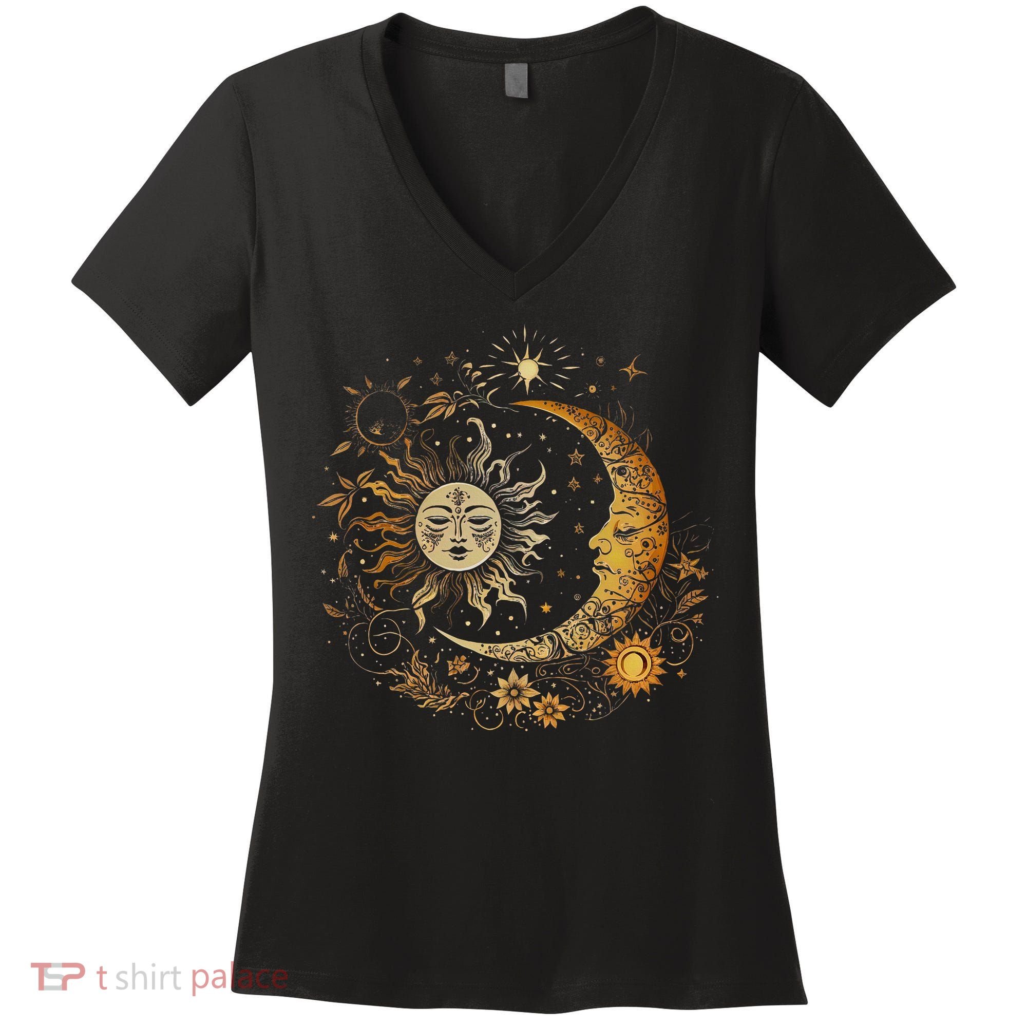 Celestial Sun Moon Flower Astrology Moon Phases Women's V-Neck T-Shirt
