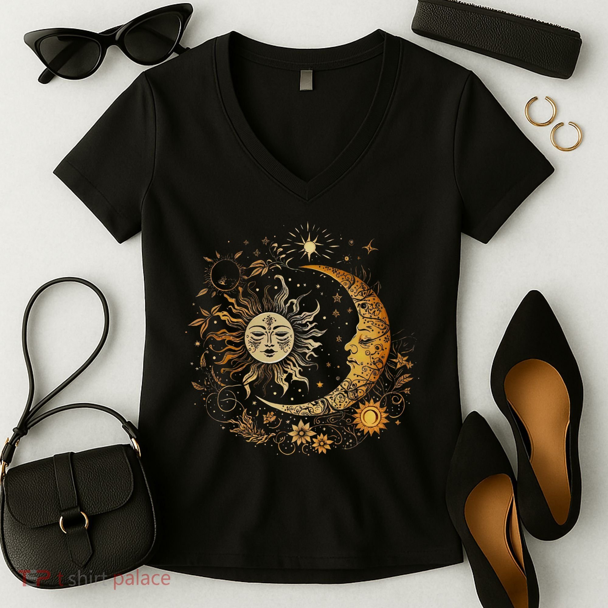 Celestial Sun Moon Flower Astrology Moon Phases Women's V-Neck T-Shirt