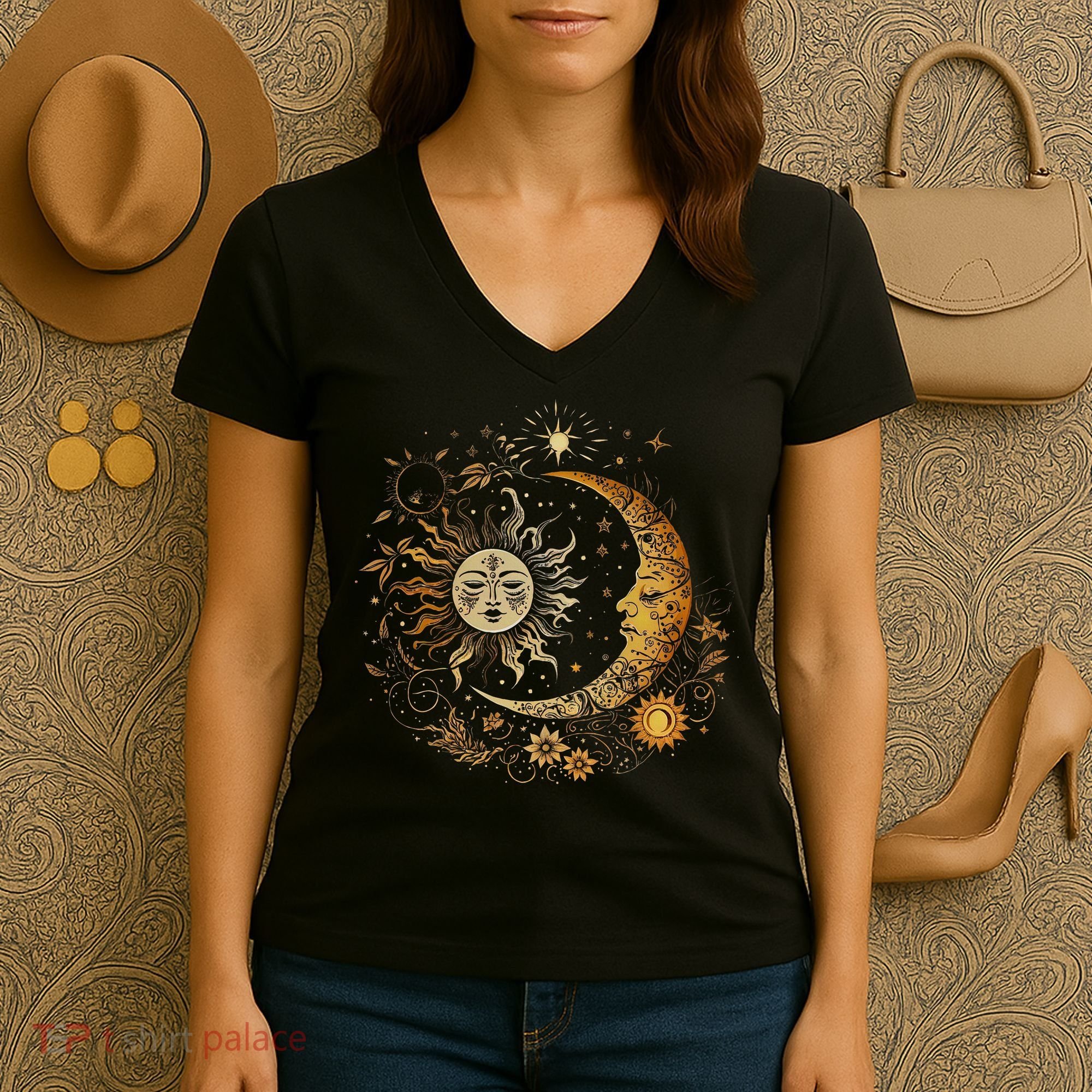 Celestial Sun Moon Flower Astrology Moon Phases Women's V-Neck T-Shirt