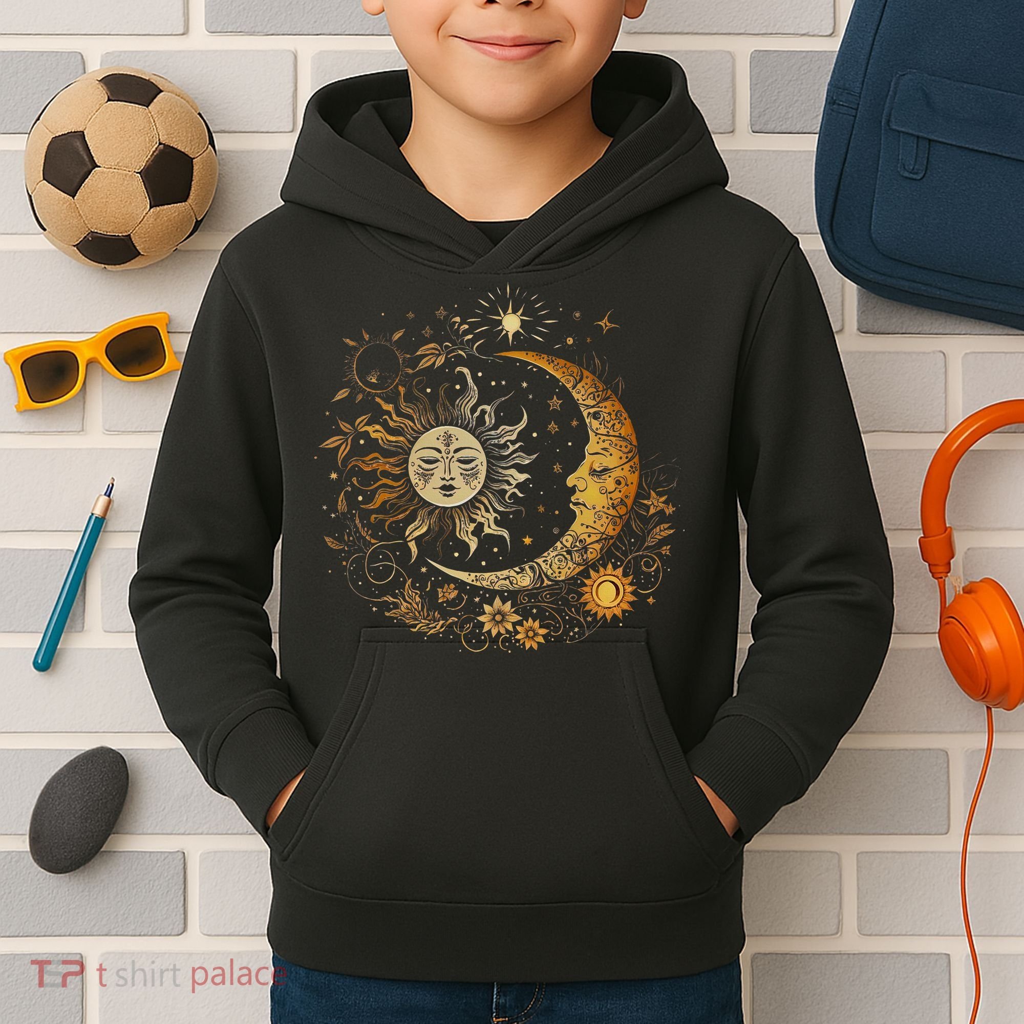 Celestial Sun Moon Flower Astrology Moon Phases Kids Hoodie