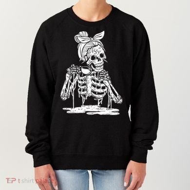 Caffeinated Skeleton Messy Bun Coffee Lover Skull Halloween Gift Women's Sweatshirt