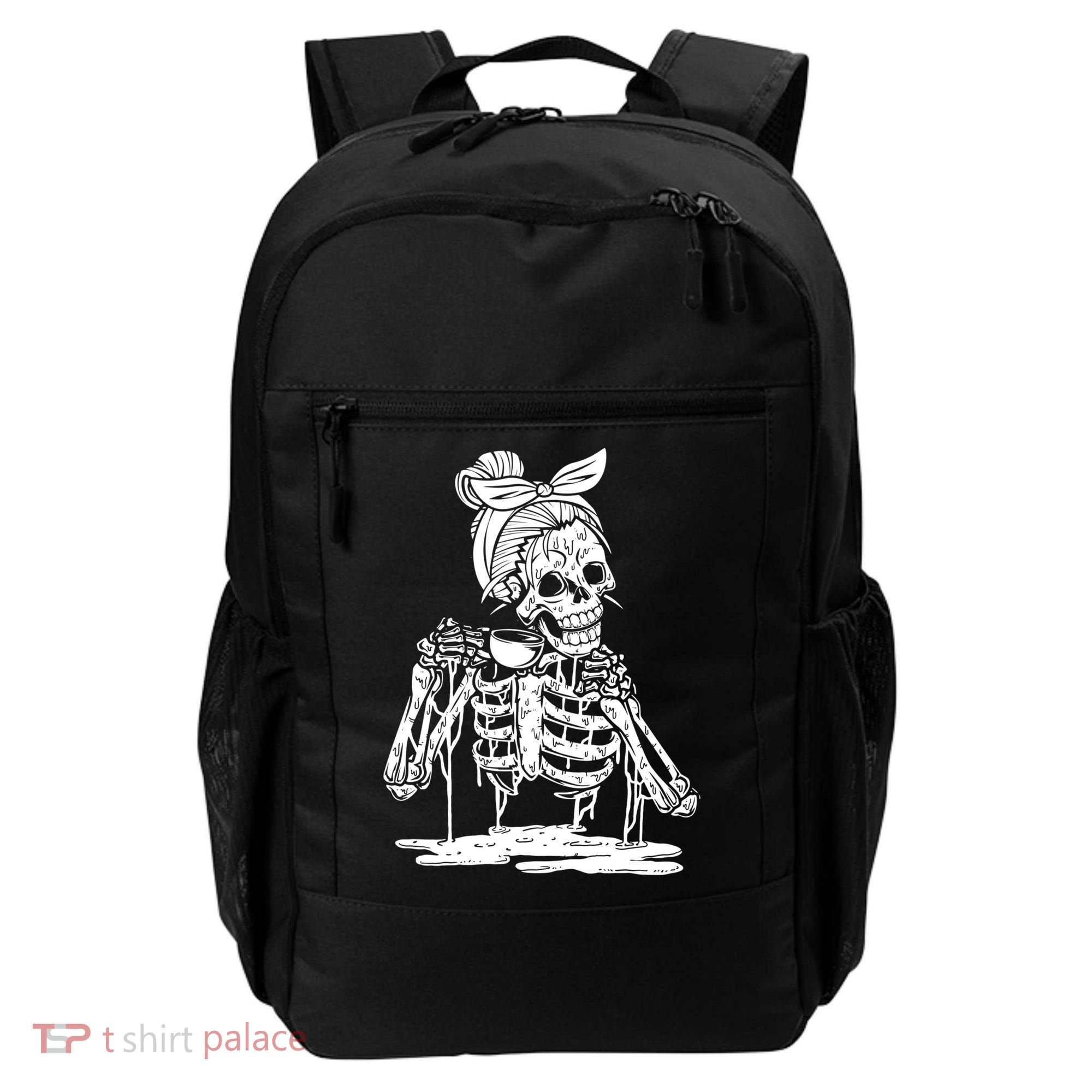 Caffeinated Skeleton Messy Bun Coffee Lover Skull Halloween Gift Backpack