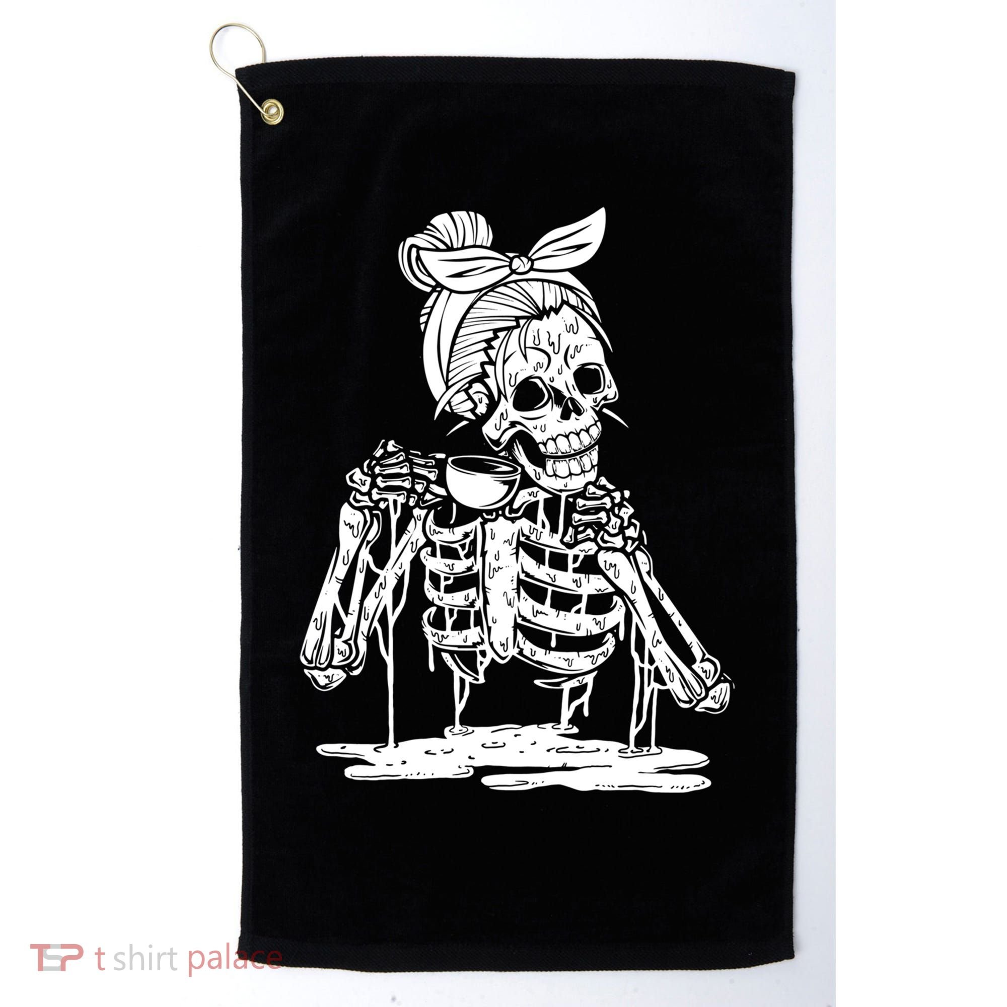 Caffeinated Skeleton Messy Bun Coffee Lover Skull Halloween Gift Golf Towel
