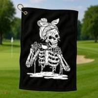 Caffeinated Skeleton Messy Bun Coffee Lover Skull Halloween Gift Golf Towel thumb 1