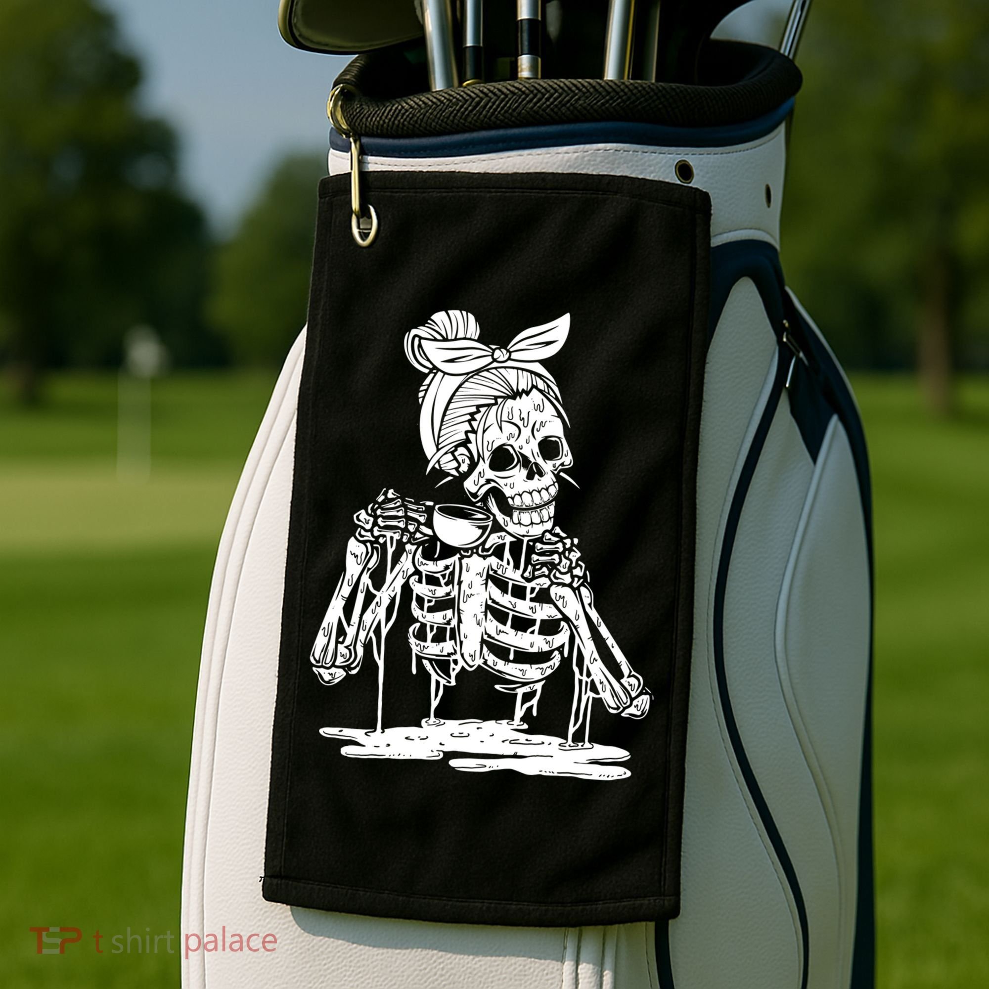 Caffeinated Skeleton Messy Bun Coffee Lover Skull Halloween Gift Golf Towel