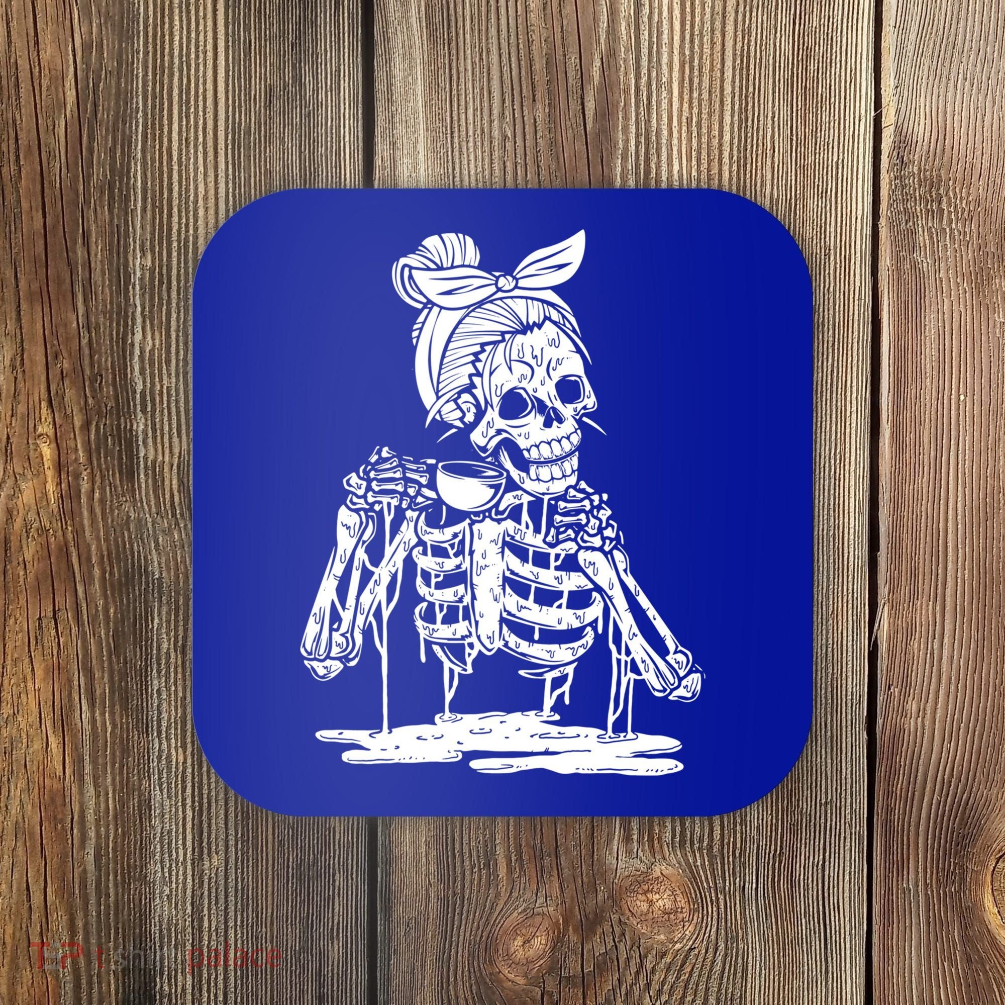 Caffeinated Skeleton Messy Bun Coffee Lover Skull Halloween Gift Coaster