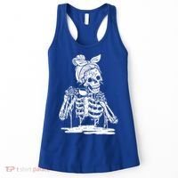 Caffeinated Skeleton Messy Bun Coffee Lover Skull Halloween Gift Women's Tank Top thumb 0